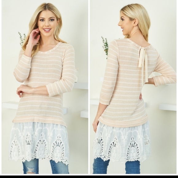 Butterfly Dsigns Tops - Ryu A'reve Stripe Mix Media Tunic Top Eyelet Lace Bottom